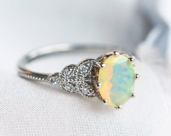 Olivia Opal Engagement Ring, Floral Leaf Opal Ring, Oval Opal Ring Set, Rose Gold Bridal Set, Woodland Wedding, 14K 18K Gold Platinum