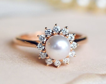 Rosalie Pearl Engagement Ring, Vintage Bloom Akoya Pearl Ring, Pearl Wedding Ring, Cluster Diamond Floral Ring, 14K 18K Platinum, Rose Gold