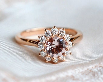 Rosalie Morganite Engagement Ring, Vintage Bloom Morganite Ring, Cluster Diamond Floral Morganite Ring, 14K 18K Platinum, Rose Gold