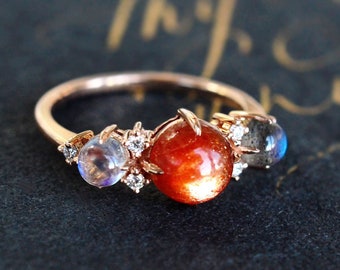 Celestine Galaxy Trio Ring in Sunstone, Moonstone, Labradorite, Three Stone Engagement Ring, Galaxy Interstellar Ring, Sun Moon Star Ring