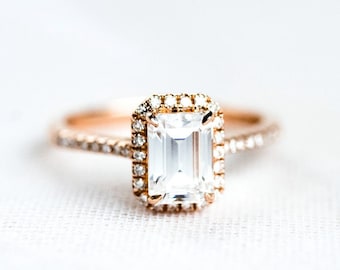 Kimberly Emerald Cut Moissanite Engagement Ring, Vintage Emerald Cut Halo Diamond Ring, Art Deco, White Gold, 14K Gold, 18K Gold, Platinum