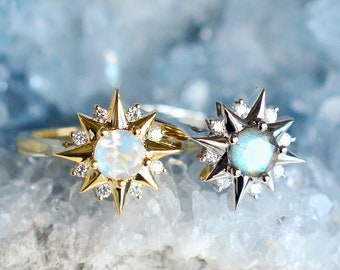 Astra Moonstone Engagement Ring, Starlight Moonstone Ring, Moon and Star, Moon of My Life Galaxy Celestial Wedding 14K 18K Gold Platinum