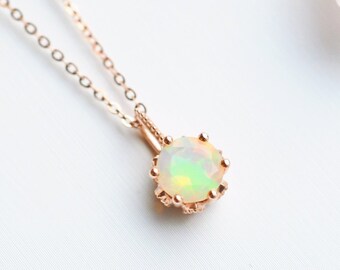 Eden Floral Opal Necklace, Solid Gold Natural Opal Necklace, Wedding Opal Necklace, Bridal Rose Gold Opal Necklace, October Birthday Gift