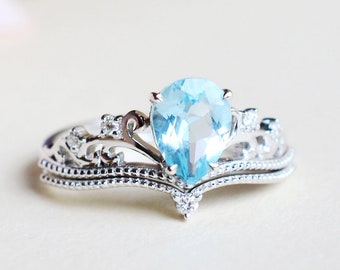 Veronica Aquamarine Engagement Ring, Vintage Crown Pear Aquamarine Ring, Princess Tiara Aquamarine Bridal Set, 14K Gold, 18K Gold, Platinum