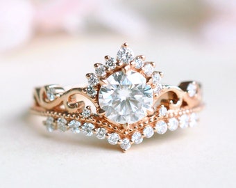 Theia Moissanite Engagement Ring, Vintage Crown Moissanite Ring, Princess Tiara Engagement Ring, Art Deco Rose Gold Moissanite Ring