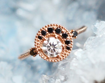 Luna Diamond Engagement Ring, Crescent Moon Moissanite Ring with Black Diamond, Galaxy Bridal Set, in 14K Gold, 18K Gold, or Platinum