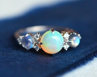 Celestine Galaxy Trio Ring in Australian Opal, Moonstone, Labradorite Engagement Ring, Galaxy Sun Moon Star Ring, Celestial Wedding
