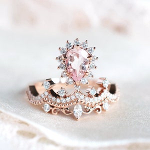 Angelique Morganite Engagement Ring, Rose Gold Pear Morganite Ring Set, Vintage Crown Wedding Bridal Set, 14k 18k Platinum image 1