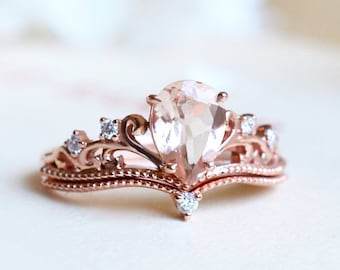 Veronica Morganite Engagement Ring, Vintage Pear Crown Morganite Ring Ring, Rose Gold Morganite Bridal Set, Princess Tiara Engagement Ring