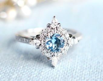 Astrid Aquamarine Engagement Ring, Art Deco Aquamarine Wedding Bridal Set, Something Blue, 14K 18K Gold Platinum Vintage Engagement Ring Set