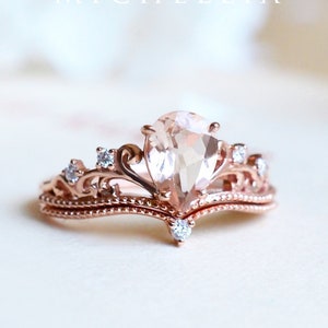 Veronica Morganite Engagement Ring, Vintage Pear Crown Morganite Ring Ring, Rose Gold Morganite Bridal Set, Princess Tiara Engagement Ring