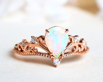 Veronica Opal Engagement Ring, Vintage Crown Pear Opal Ring, Rose Gold Opal Ring Set, Tiara Opal Bridal Set, 14K 18K Gold October Birthday