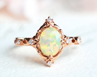 Anastasia Opal Engagement Ring, Victorian Oval Opal Ring, Art Deco Cocktail Natural Opal Ring, 14K 18K White Yellow Rose Gold, Platinum