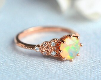 Kerensa Opal Engagement Ring, Floral Leaf Opal Ring, Natural Fire Opal Bridal Set, Woodland Wedding Set, 14K 18K Rose Gold Platinum