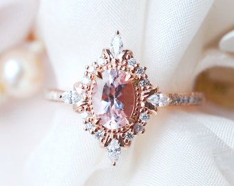 Alessandra Morganite Engagement Ring, Art Deco Oval Morganite Ring, Rose Gold Morganite Ring Set, Vintage Morganite Bridal Set, Platinum