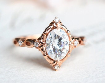 Anastasia Moissanite Engagement Ring, Victorian Oval Cocktail Ring, Art Deco Diamond Ring, 14K 18K White Yellow Rose Gold, Platinum