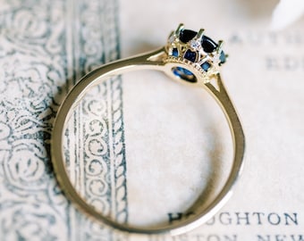 Cassandra Sapphire Solitaire Engagement Ring, Classic Crown Ring, Vintage Lab Blue Sapphire Royal Tiara Bridal Set, Rose Gold Platinum