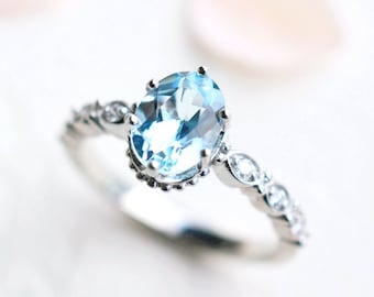 Evelina Aquamarine Engagement Ring, Vintage Crown Oval Aquamarine Ring, Art Deco Aquamarine Ring, White Gold, Rose Gold, Platinum