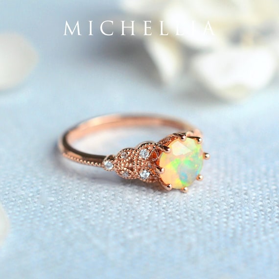 Kerensa Opal Engagement Ring Floral Leaf Opal Ring Natural Fire