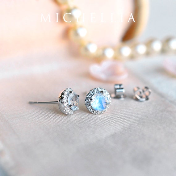Nova Halo Diamond Earrings in Moonstone Moonstone Diamond Ear