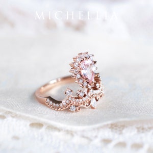 Angelique Morganite Engagement Ring, Rose Gold Pear Morganite Ring Set, Vintage Crown Wedding Bridal Set, 14k 18k Platinum image 2