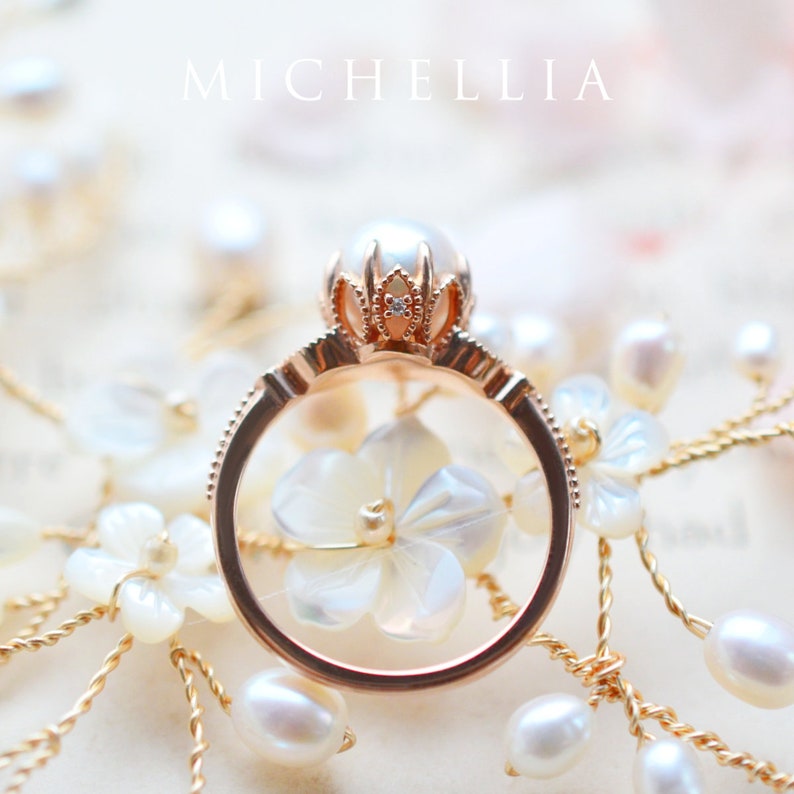 Evanthe Pearl Engagement Ring, Vintage Floral Akoya Pearl Ring, Rose Gold Pearl Leaf Floral Engagement Ring, 14K Gold, 18K Gold, Platinum image 6