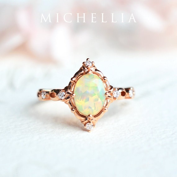 14k Gold Oval Genuine Opal Diamond Halo Ring - White, Yellow or Rose or Platinum 14k Gold Oval Genuine Opal Diamond Halo Ring - White, Yellow or Rose or Platinum
