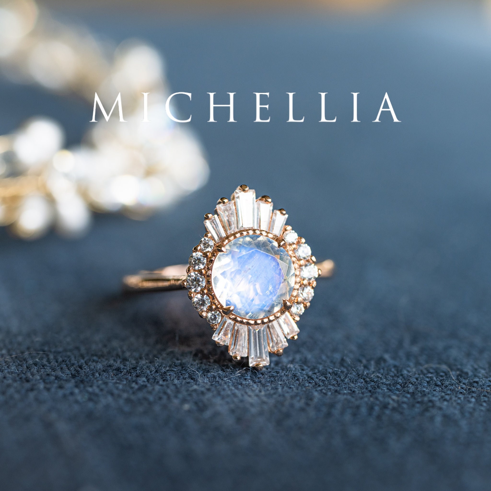 Bague de fiançailles en pierre de lune déco vintage Georgiana, bague ballerine étoile pierre de lune et diamant, bague diamant Français antique