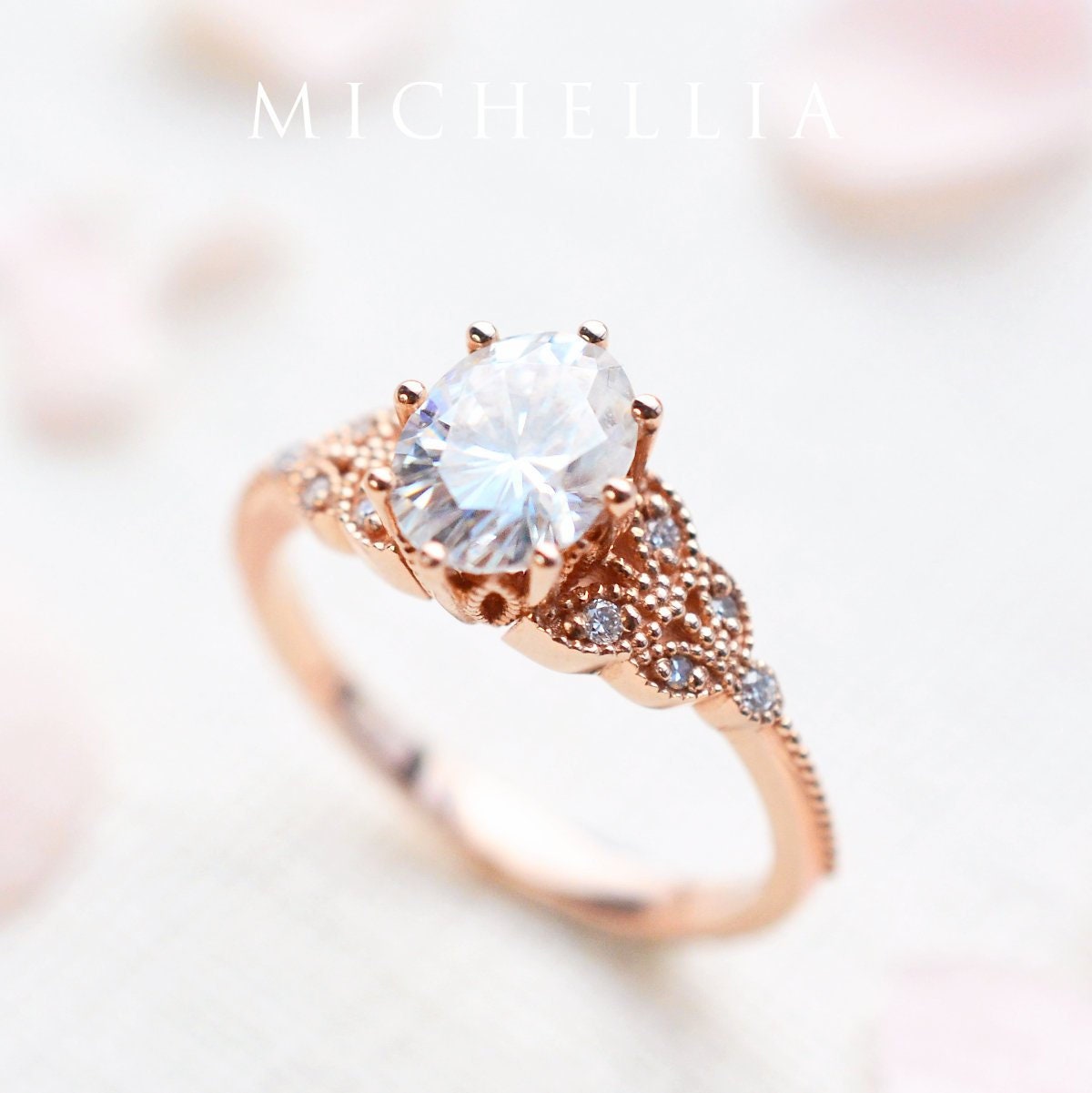 Olivia Moissanite Engagement Ring, Floral Oval Moissanite Ring, Floral Leaf Engagement Ring, Oval Moissanite Ring, Rose Gold Floral Ring