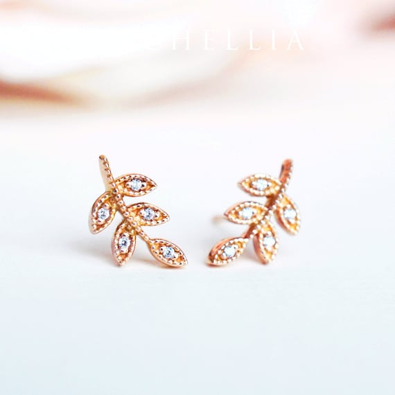 Viridis Diamond Leaf Earrings, Wedding Leaf Earrings, Ear Stud, Ear Post, Garden Wedding Bridal Gift for Her, 14K 18K Rose Gold, Platinum