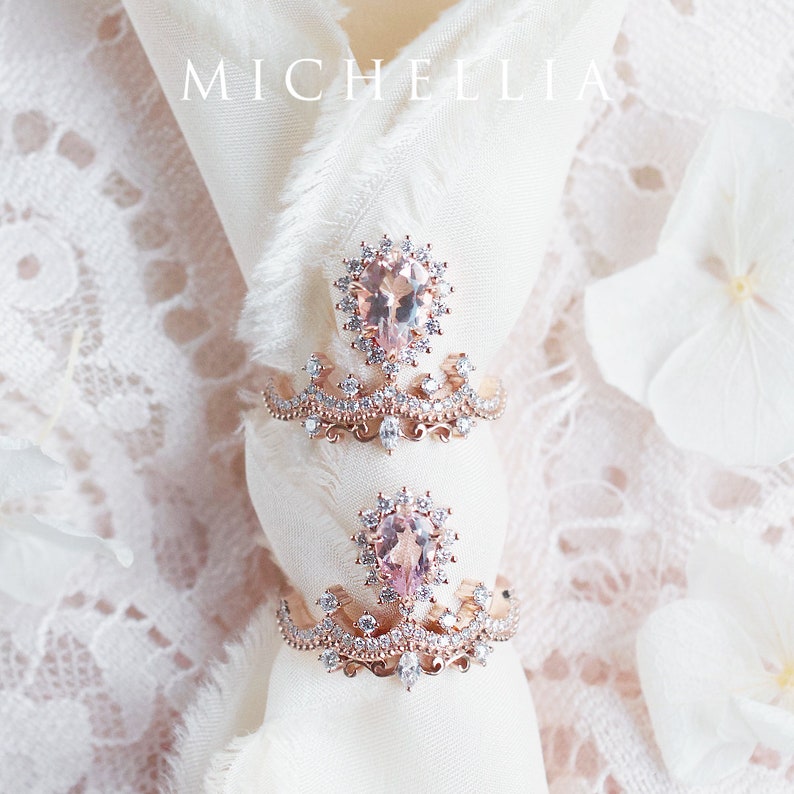 Angelique Morganite Engagement Ring, Rose Gold Pear Morganite Ring Set, Vintage Crown Wedding Bridal Set, 14k 18k Platinum image 6