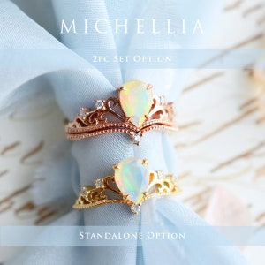 Veronica Opal Engagement Ring, Vintage Crown Pear Opal Ring, Rose Gold Opal Ring Set, Tiara Opal Bridal Set, 14K 18K Gold October Birthday image 6