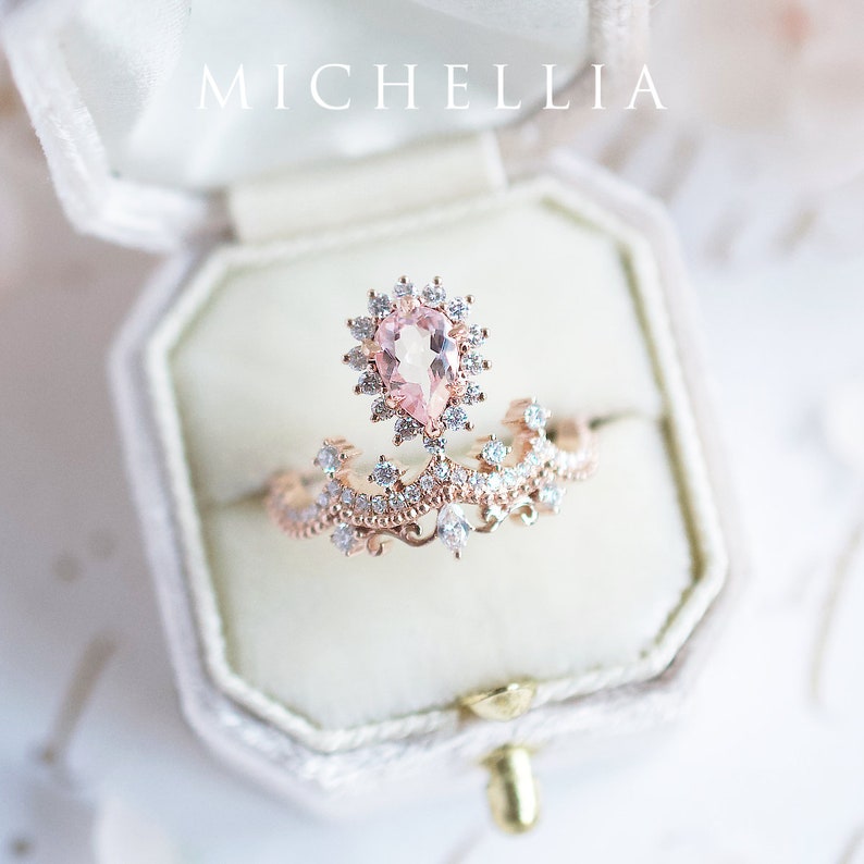 Angelique Morganite Engagement Ring, Rose Gold Pear Morganite Ring Set, Vintage Crown Wedding Bridal Set, 14k 18k Platinum image 3