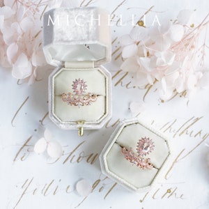 Angelique Morganite Engagement Ring, Rose Gold Pear Morganite Ring Set, Vintage Crown Wedding Bridal Set, 14k 18k Platinum image 7