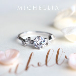 Dahlia Moissanite Engagement Ring, Petite Floral Moissanite Ring, Floral Leaf Promise Ring, Rose Gold Leaf Ring, Rose Gold Moissanite Ring image 4