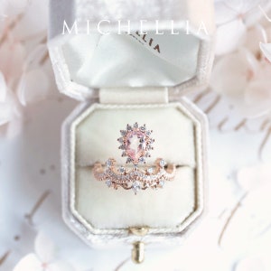 Angelique Morganite Engagement Ring, Rose Gold Pear Morganite Ring Set, Vintage Crown Wedding Bridal Set, 14k 18k Platinum image 4