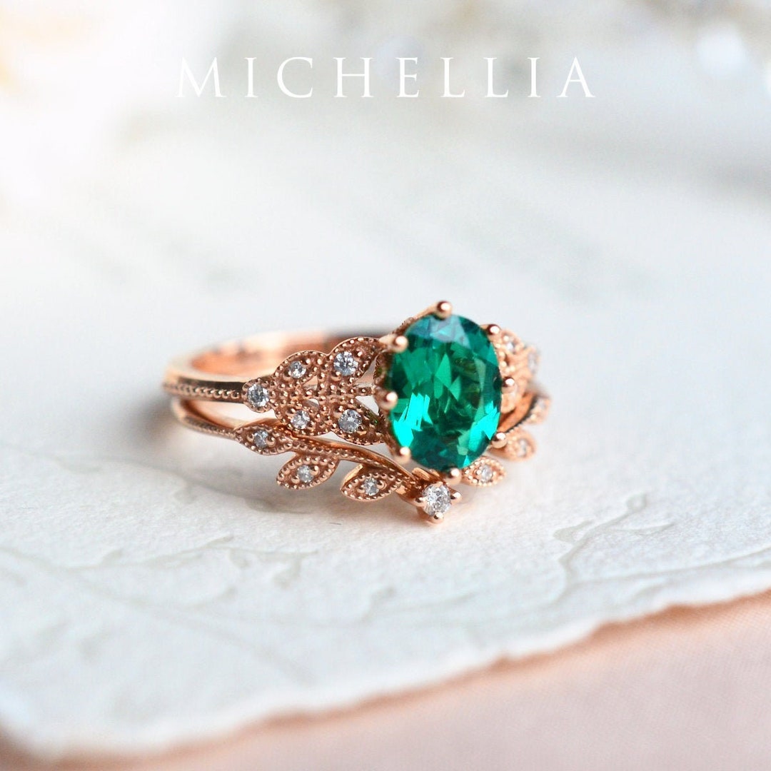 Olivia Emerald Engagement Ring Floral Emerald Ring Oval - Etsy