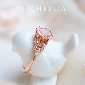 Olivia Morganite Engagement Ring, Floral Morganite Ring, Oval Morganite Ring Set, Rose Gold Morganite Bridal Set, Morganite Leaf Wedding Set image 2