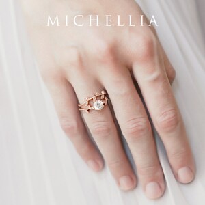 Dahlia Moissanite Engagement Ring, Petite Floral Moissanite Ring, Floral Leaf Promise Ring, Rose Gold Leaf Ring, Rose Gold Moissanite Ring image 8