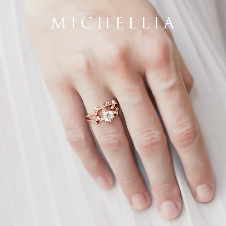 Dahlia Moissanite Engagement Ring, Petite Floral Moissanite Ring, Floral Leaf Promise Ring, Rose Gold Leaf Ring, Rose Gold Moissanite Ring image 8