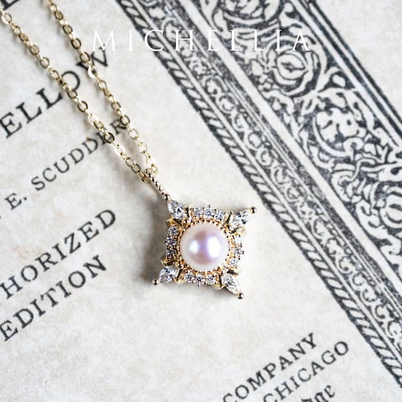 Astrid Vintage Akoya Pearl Necklace Art Deco Pearl and Diamond