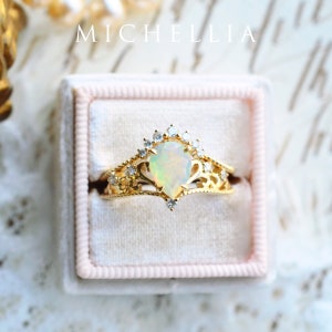 Veronica Opal Engagement Ring, Vintage Crown Pear Opal Ring, Rose Gold Opal Ring Set, Tiara Opal Bridal Set, 14K 18K Gold October Birthday image 9