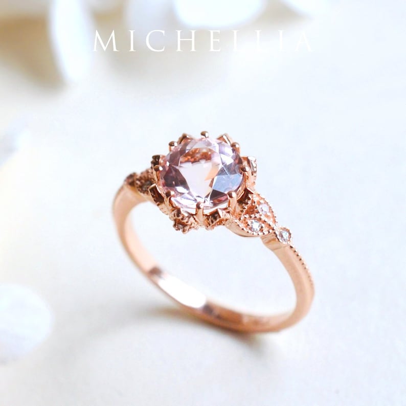 Evanthe Morganite Engagement Ring, Vintage Floral Morganite Ring, Rose Gold Floral Engagement Ring, Nature Inspired Leaf Morganite Ring image 1