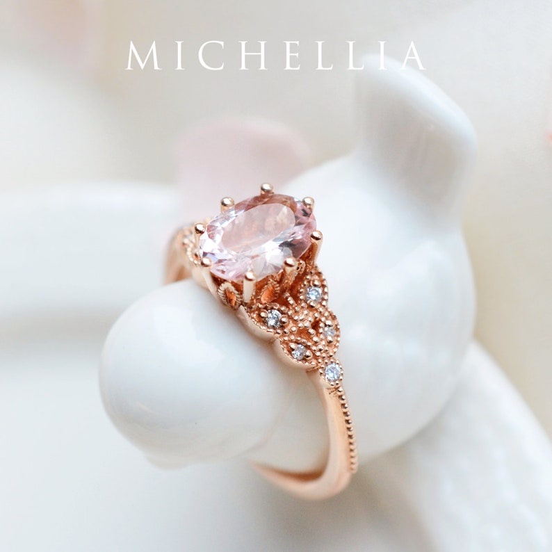 Olivia Morganite Engagement Ring, Floral Morganite Ring, Oval Morganite Ring Set, Rose Gold Morganite Bridal Set, Morganite Leaf Wedding Set image 4