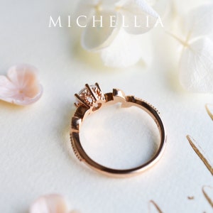 Dahlia Moissanite Engagement Ring, Petite Floral Moissanite Ring, Floral Leaf Promise Ring, Rose Gold Leaf Ring, Rose Gold Moissanite Ring image 3