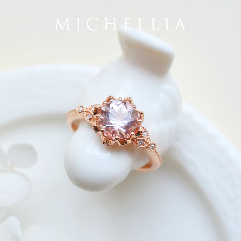 Evanthe Morganite Engagement Ring, Vintage Floral Morganite Ring, Rose Gold Floral Engagement Ring, Nature Inspired Leaf Morganite Ring image 4