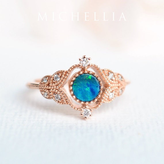 Adeline Australian Opal Engagement Ring Vintage Rose Leaf Opal