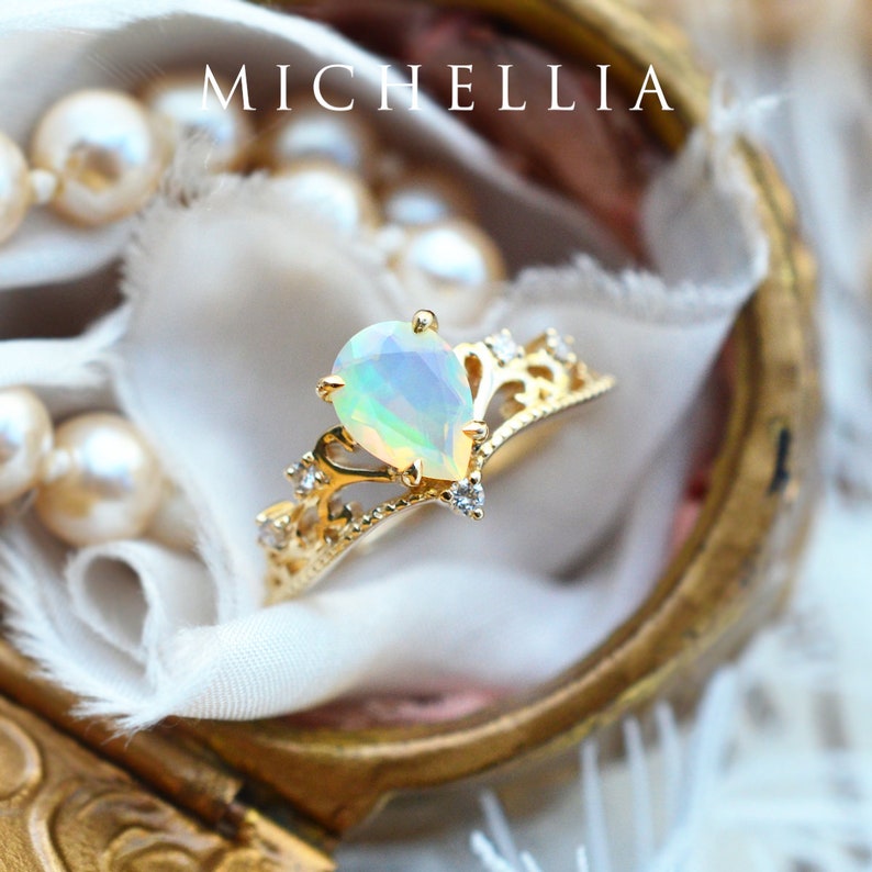 Veronica Opal Engagement Ring, Vintage Crown Pear Opal Ring, Rose Gold Opal Ring Set, Tiara Opal Bridal Set, 14K 18K Gold October Birthday image 4