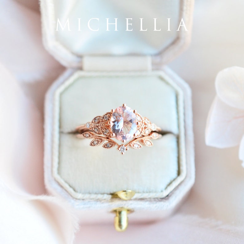 Olivia Morganite Engagement Ring, Floral Morganite Ring, Oval Morganite Ring Set, Rose Gold Morganite Bridal Set, Morganite Leaf Wedding Set image 7