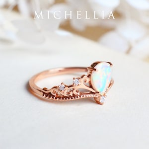 Veronica Opal Engagement Ring, Vintage Crown Pear Opal Ring, Rose Gold Opal Ring Set, Tiara Opal Bridal Set, 14K 18K Gold October Birthday image 2